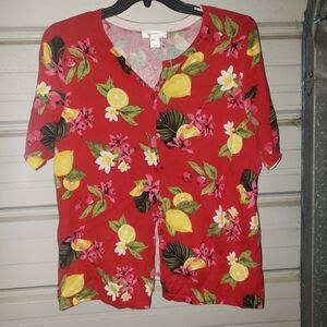 Plus Size 1X Lemon 🍋 print CJ Banks cardigan sweater women's top shirt